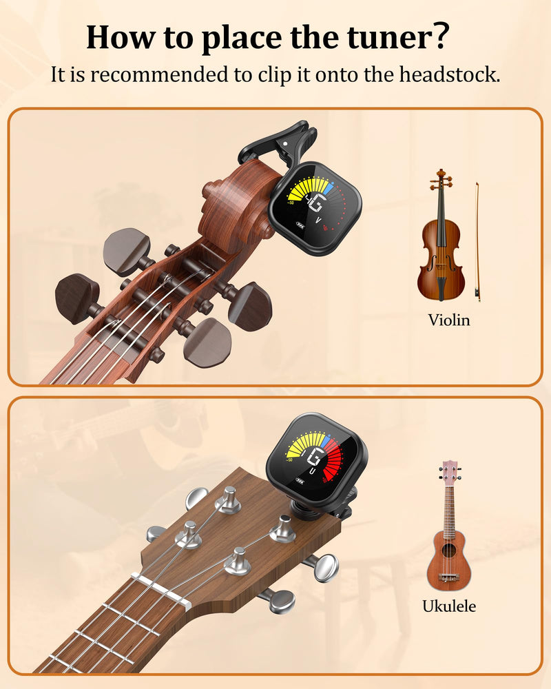 [AUSTRALIA] - New Bee Guitar Tuner Clip-On Rechargeable with Color Screen 360° Rotatable Acoustic Chromatic Open Tuning for Guitar, Bass, Ukulele, Violin, Cello(Black, 1 Pack) Black 