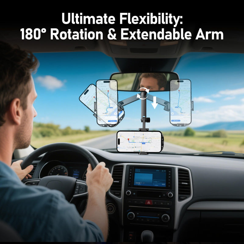 Aluminum Rear View Mirror Phone Mount for [Truck & SUV], Anti-Shake Universal Car Phone Holder with 360° Rotation, Non-Blocking Driving Assistant for iPhone 17 16 15 14 13 Pro Max, Samsung Black