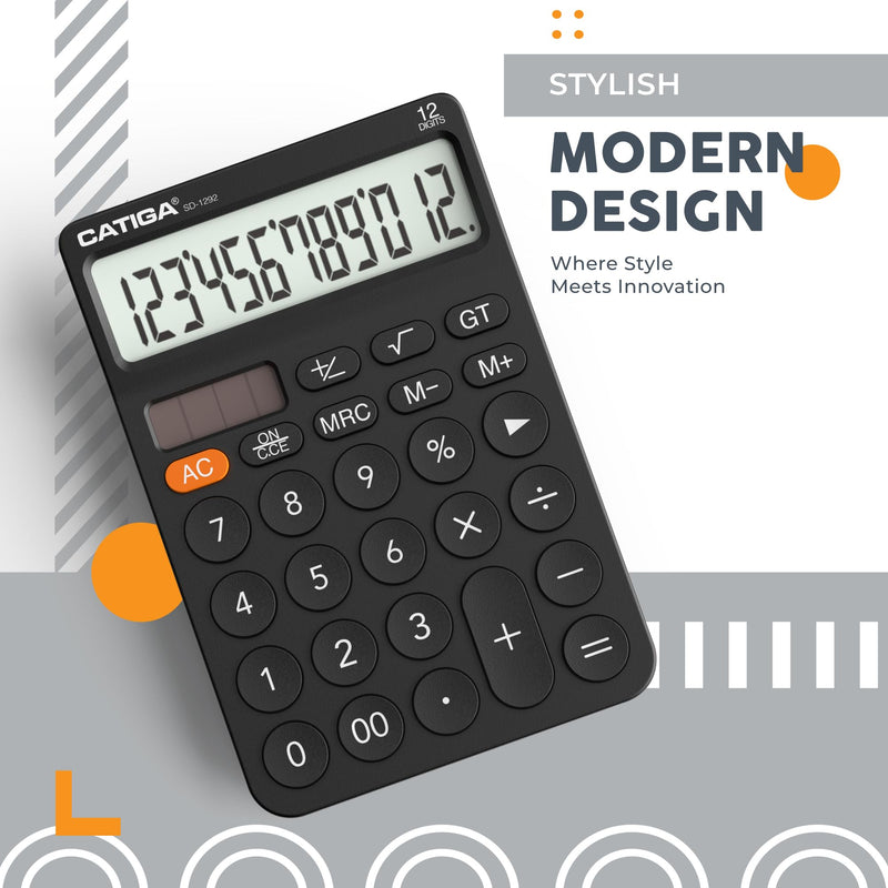 [AUSTRALIA] - CATIGA 12 Digit Desktop Calculator with Large LCD Display, 4 Funtions Calculator, Round Design Big Button, Solar and Battery Dual Power, Standard Function for Office, Home, School, SD-1292 1) Black 