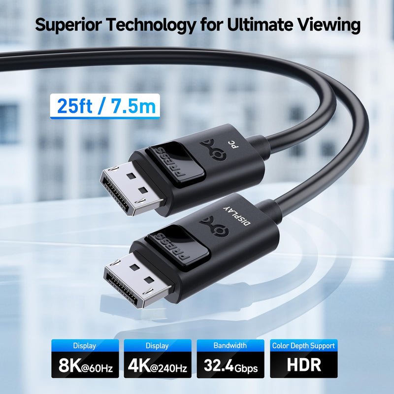 Cable Matters 32.4Gbps Unidirectional Active DisplayPort 1.4 Cable, 25ft | 8K@60Hz / 4K@240Hz, HDR, for Gaming Monitor PC RTX/RX GPUs 7.5m