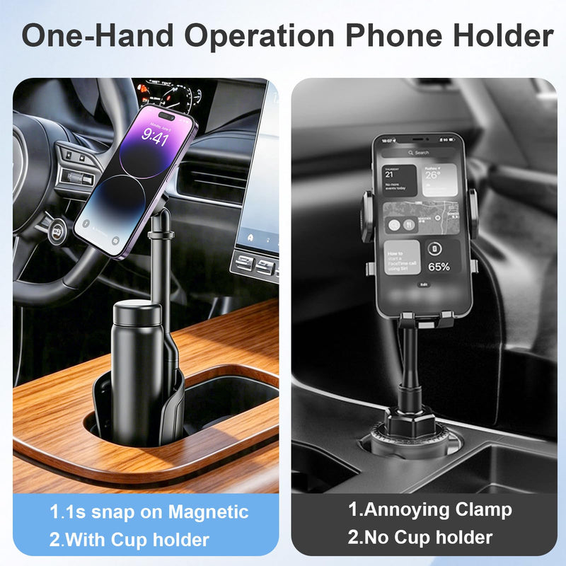 Magnetic Cup Holder Phone Mount for Car, 2 in 1 One-Hand Operation Adjustable Vehicle Cupholder Expander Phone Holder, Compatible with iPhone Android Smartphones