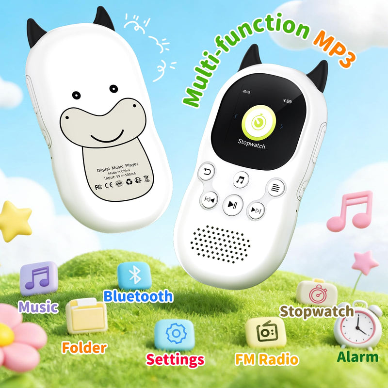 [AUSTRALIA] - 64GB mp3 Player for Kids with Bluetooth 5.3,Child Music Player with Speaker, FM Radio, Voice Recorder, Alarm Clock, Stopwatch, One Click to Play, Expandable up to 128GB,Cute Cow Shape, Free Lanyard Off-white 