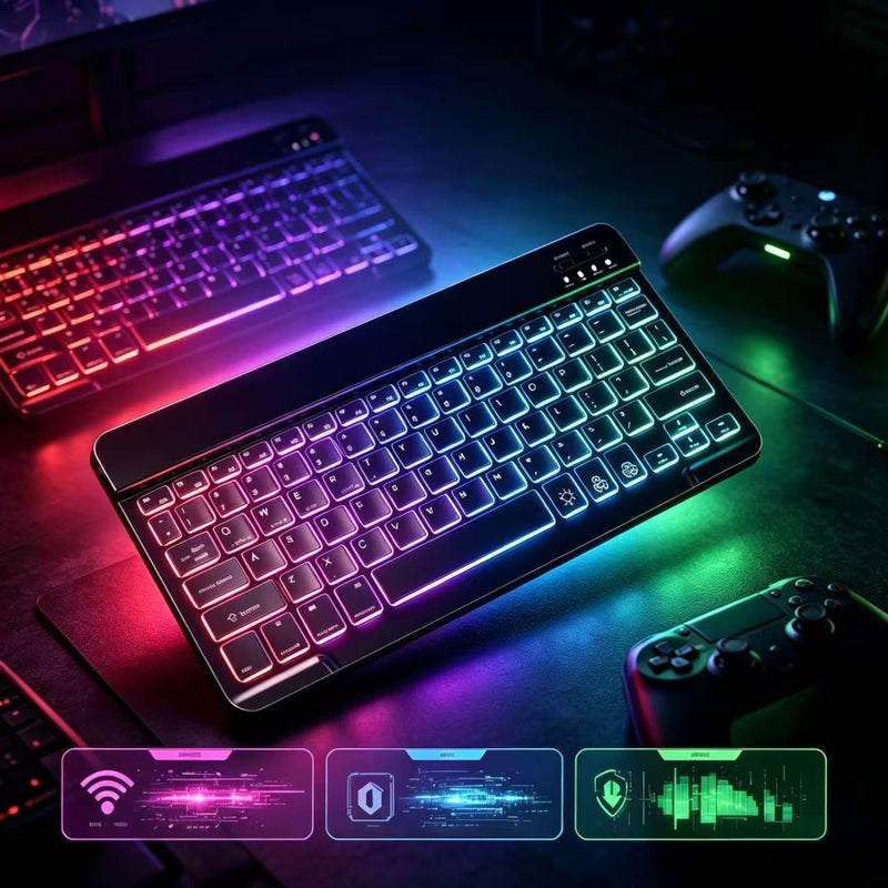 Mini Bluetooth Keyboard, Small Portable Wireless Rechargeable Keyboard with 7-Color RGB Backlit for iPad iPhone Android Samsung Tablet Smartphone (Black) Black1