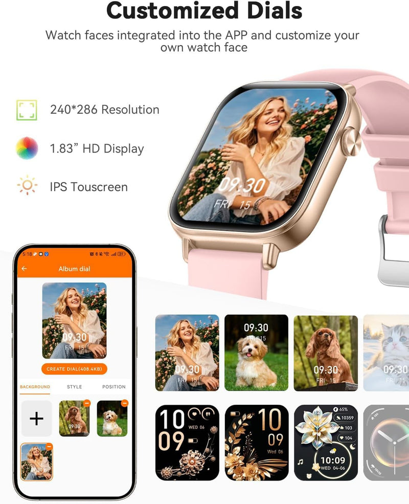 [AUSTRALIA] - Smart Watches for Women, Android Smart Watch for Phones (Make Calls), 1.85" HD Fitness Tracker Watch with Blood Pressure/Heart Rate/Sleep Monitor, 110+ Sport Modes Fitness Watches for Women/Men Gold 