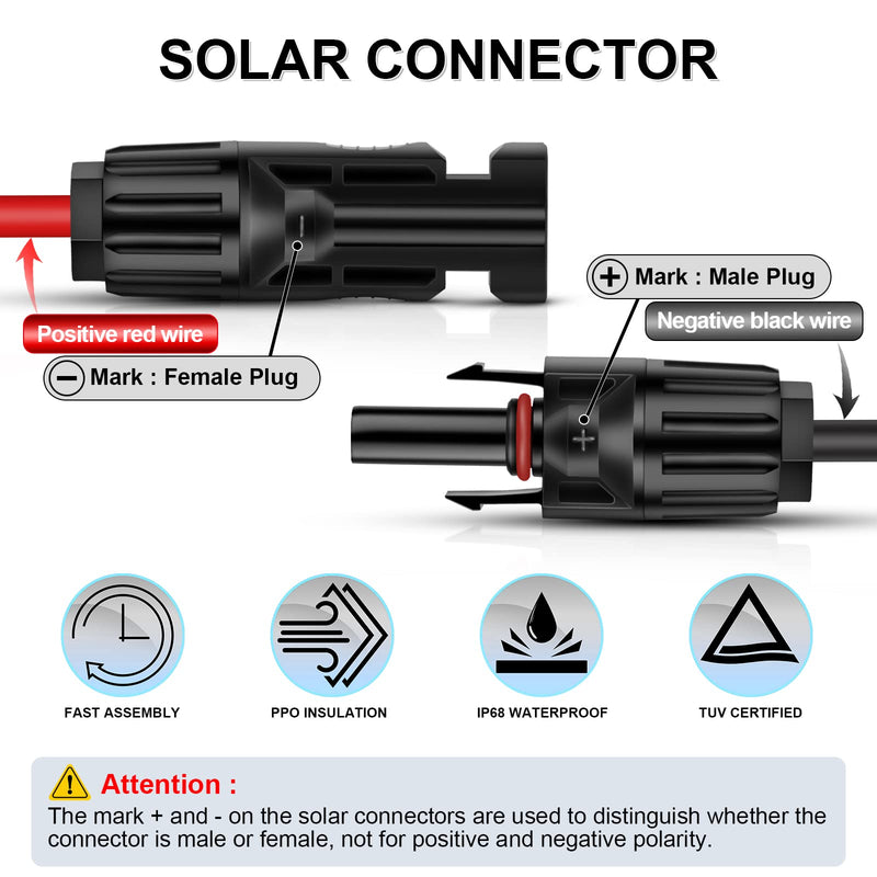 iGreely Solar Panel Extension Cable - 10 Feet 10AWG(6mm²) Solar Extension Cable with Female and Male Connector Solar Panel Wiring Wire Adapter (10FT Red + 10FT Black) 10Ft 10AWG