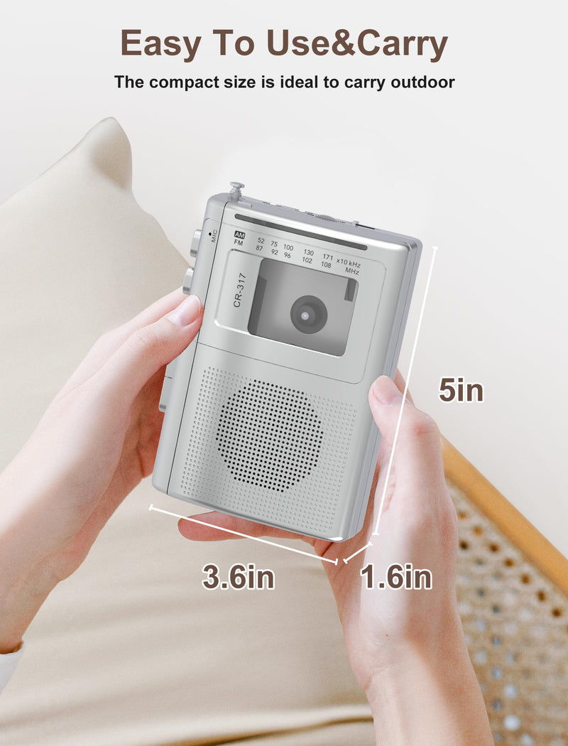 Cassette Player Recorder with Bluetooth Transmitter Walkman, Portable AM FM Cassette Player with Big Speaker, Stereo Earphone Jack, Support Microphone Recording, 2AA Battery or USB Power for Home Silver