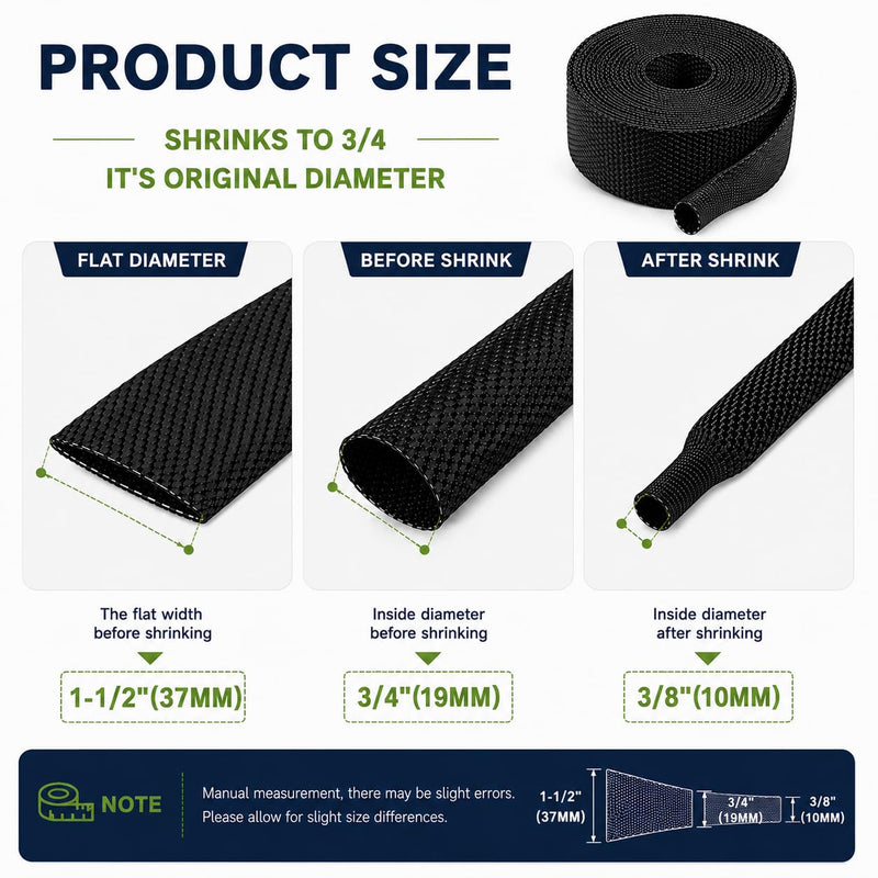 2:1 Heat Shrink Braided Sleeve 3/4 inch 20FT, Automotive Wear-Resistant Fabric Flat Woven Tubing, Flexible Abrasion Protection Sleeving for Wiring Harness, Cable Sheath, Wires & Hoses Protection 20mm-3/4" I.D x 20FT