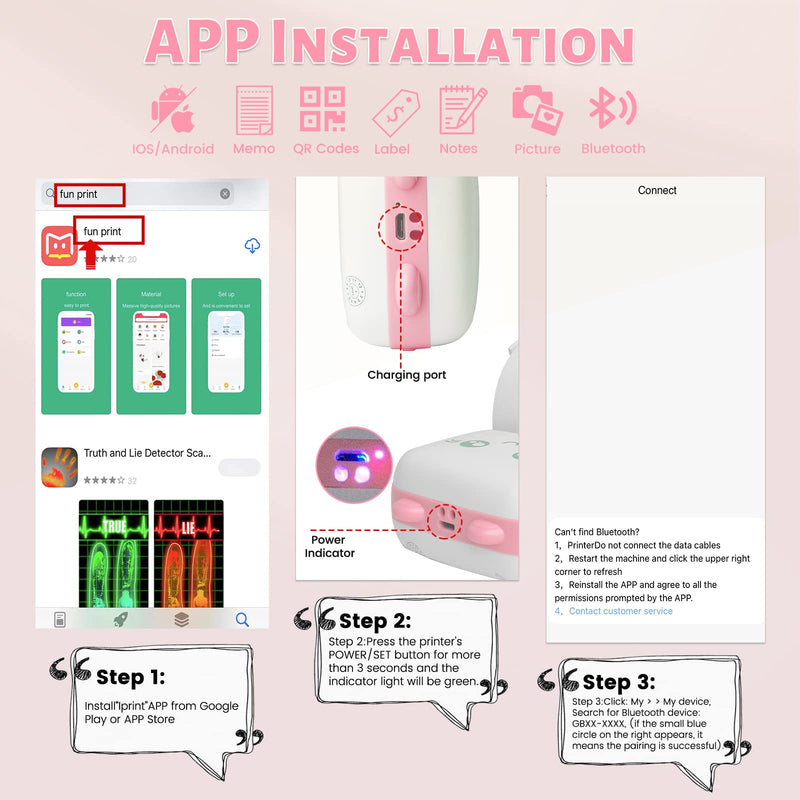 Mini Pocket Printer, Gifts for kids, Portable Thermal Printer for Pictures/Retro-Style Photos/Receipts/Notes/Lists/Label/ Memo/QR Codes, Bluetooth Wireless Smart Printer with Android or iOS APP (PINK) pink