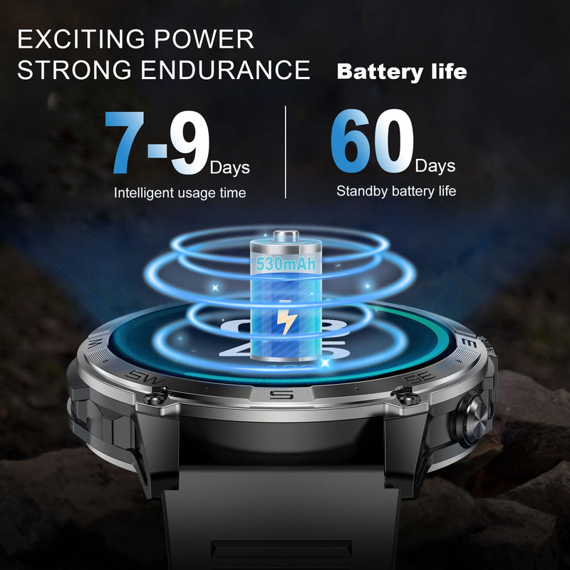 Military Smartwatch for Men, GPS Smart Watches Bluetooth Calls, 1.43" AMOLED Fitness Tracker with 530 mAh Large Battery/3ATM Waterproof/Compass/Air Pressure/Altitude for Android iOS Black