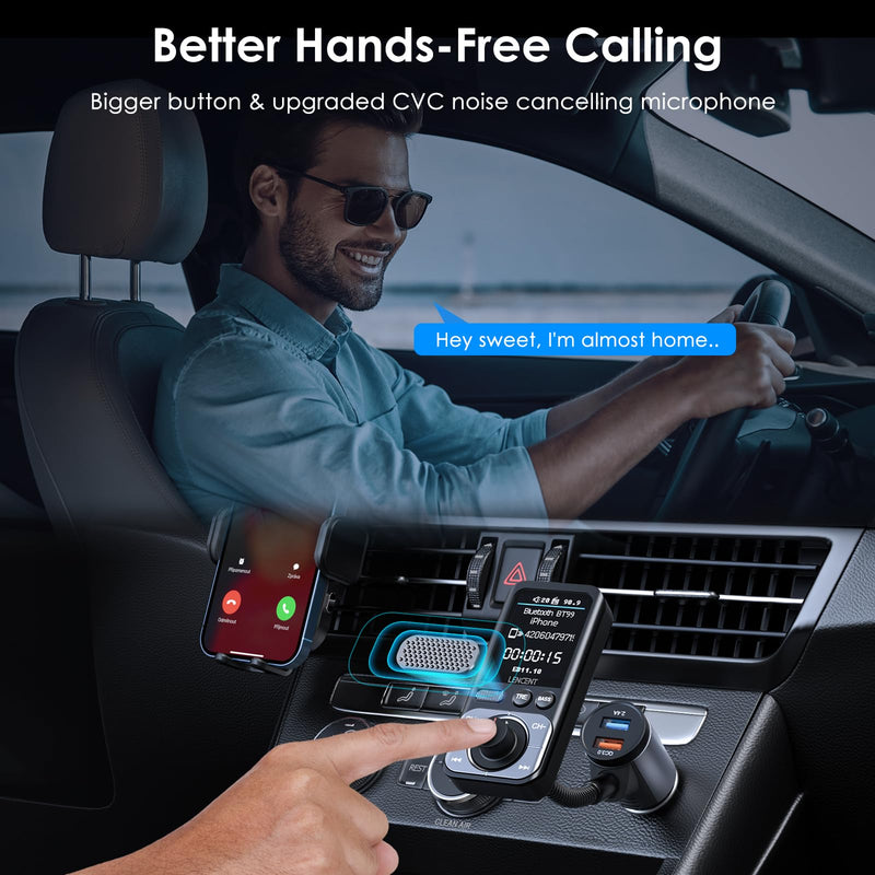 LENCENT Bluetooth 5.0 FM Transmitter for Car, AUX Car Radio Adapter, Big Color Screen, MP3 Music Player TRE&BASS Booster, QC3.0 Fast Charger, Wireless Microphone Support Hands-Free Siri Google TF Card