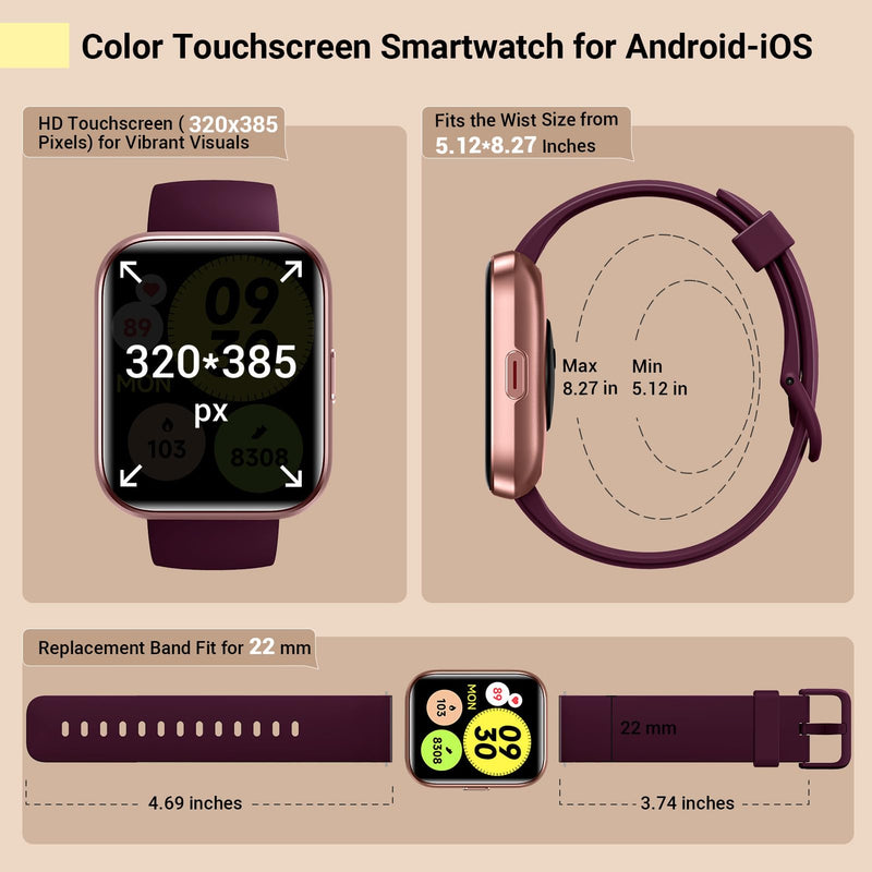 Smart Watches for Women, Smart Watch for Android Phones & iPhone, Fitness Watches for Women with Alexa, Call & Notification Alerts, Tracks Heart Rate/Sleep Smartwatches (Dark Purlple, 1.8 inches) Rose Purple