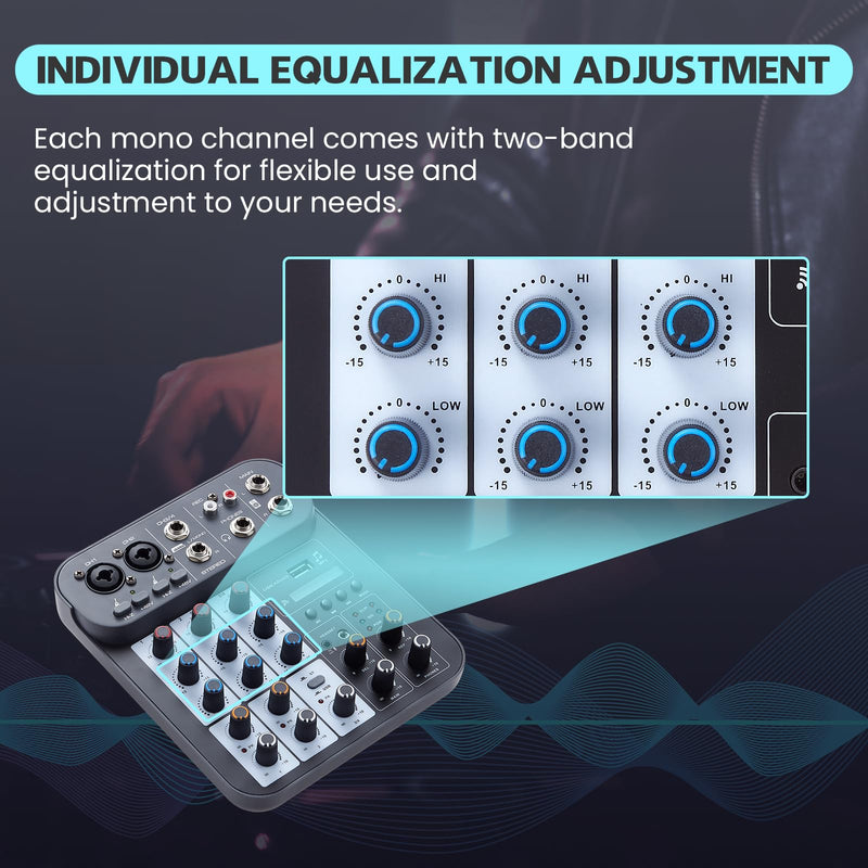[AUSTRALIA] - 4 Channel DJ Audio Mixer, DJ Mixers Sound Board, Sound Mixer Board XLR 1/4" Interface, BT USB MP3 Computer Input 48V Phantom Power Stereo Karaoke DJ Studio Streaming KTV Stage G4B 