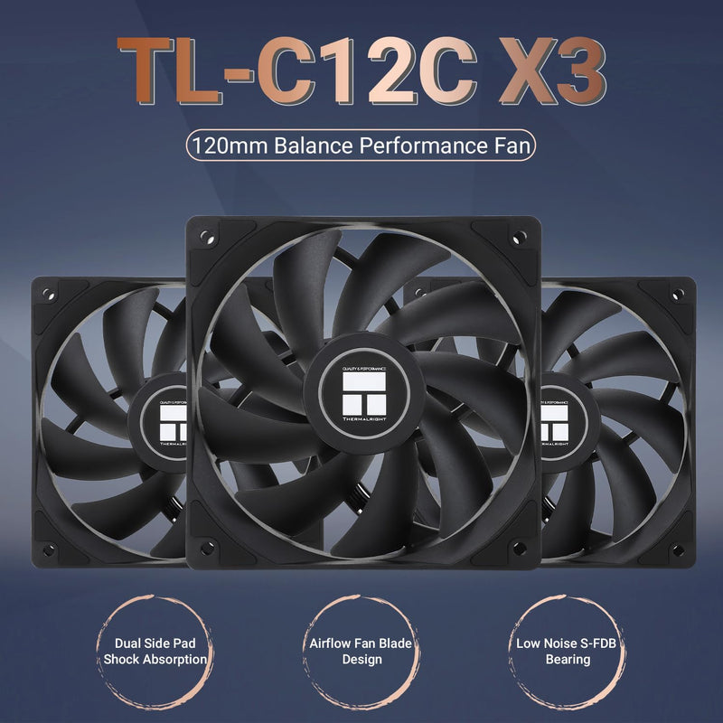 Thermalright TL-C12C CPU Fan 120 mm Case Cooler, 4-Pin PWM Quiet Computer Cooling with S-FDB Bearing Included, up to 1550RPM PC Cooling (3 Quantities) TL-C12C X3