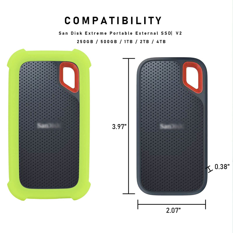 E61 Cover Case Replacement for SanDisk Extreme V2 500GB 1TB 2TB Portable External SDSSDE61 SSD - Up to 1050MB/s, Soft Silicone Portective Skin Sleeve, Green Glow in Dark - LEFXMOPHY Luminous Green