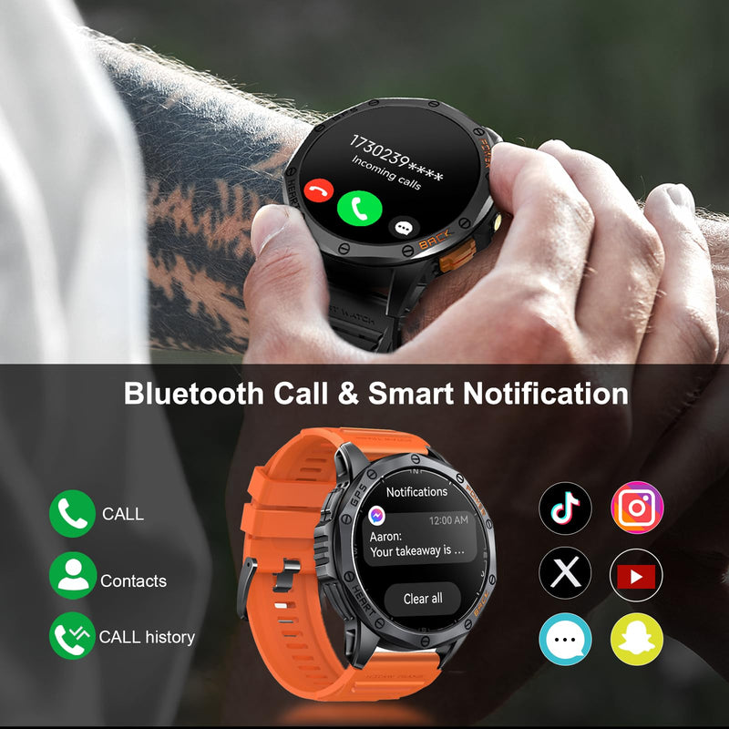 Military Smart Watch for Men, Built-in GPS, 30-day standby, 1.43" AMOLED | Compass & Altimeter for outdoors，Tactical flashlight, 170+ Sport Modes & Bluetooth Calls. iOS/Android Compatible. Black & Orange (2 Bands)