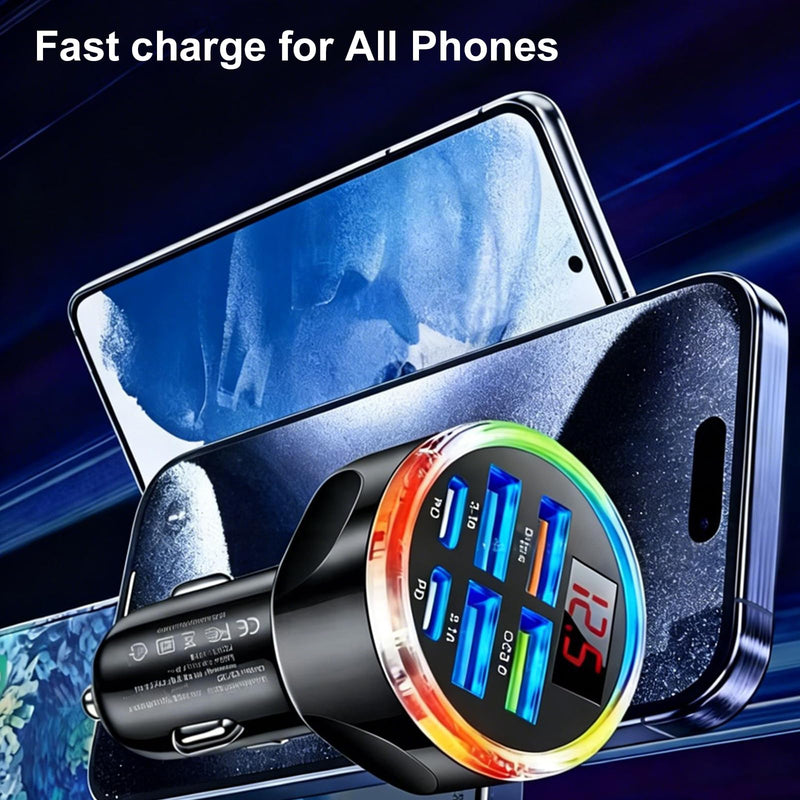 Super Fast Charge USB C Car Phone Charger Adapter 6 in 1 with Voltage Display, 250W Multi Port Cigarette Lighter USB Charge for iPhone 17 16 15 14 13 12 11 Samsung Galaxy Huawei Oneplus Oppo Vivo