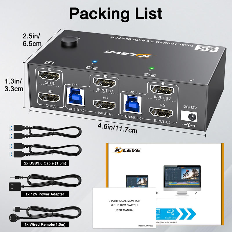 8K HDMI KVM Switch 2 Monitors 2 Computers 8K@60Hz 4K@144Hz,MLEEDA USB 3.0 Dual Monitor KVM Switch for 2 Computer Share 2 Monitor and 4 USB Devices,Wired Remote,12V Power Adapter and USB Cable Included black 10 cm HDMI KVM 2 Monitors