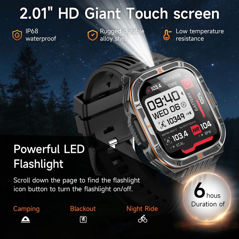 Military Smart Watches for Men, 2.01" HD Smartwatch with 110+ Days Battery/Flashlight/Compass/Bluetooth Calling, Heart Rate/Sleep Monitor, 150+ Sports Modes Fitness Tracker for Android/iOS Black
