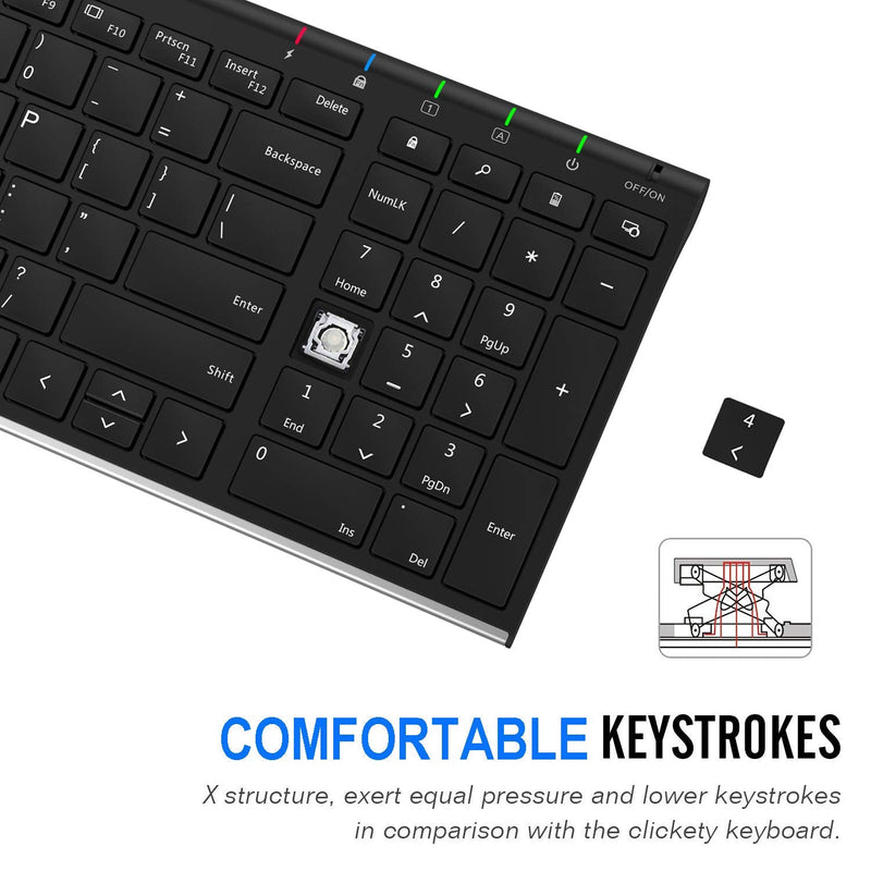 Arteck HW193 2.4G Wireless Keyboard Stainless Steel Ultra Slim Full Size Keyboard with Numeric Keypad for Computer/Desktop/PC/Laptop/Surface/Smart TV and Windows 11/10/8 Built in Rechargeable Battery