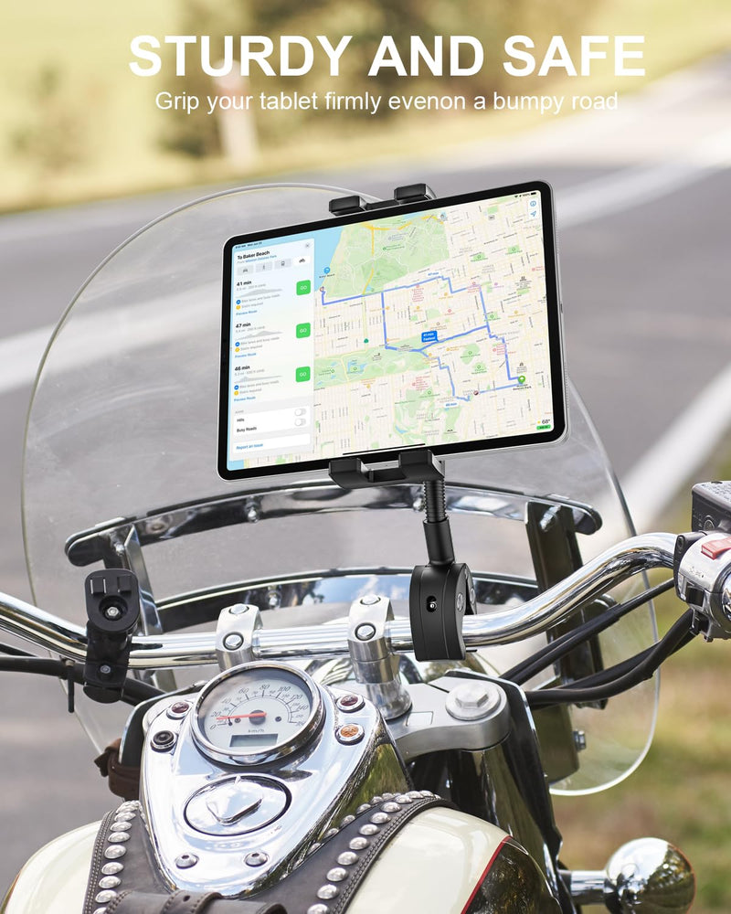 Gooseneck Bike Tablet Mount, Bike Holder - Adjustable Arm Tablet Holder for Motorcycle, Bicycle Scooter Handlebar Clamp, Compatible with iPad Pro Air Mini, Galaxy Tabs, Z Fold, iPhone, 4.7-13" Devices