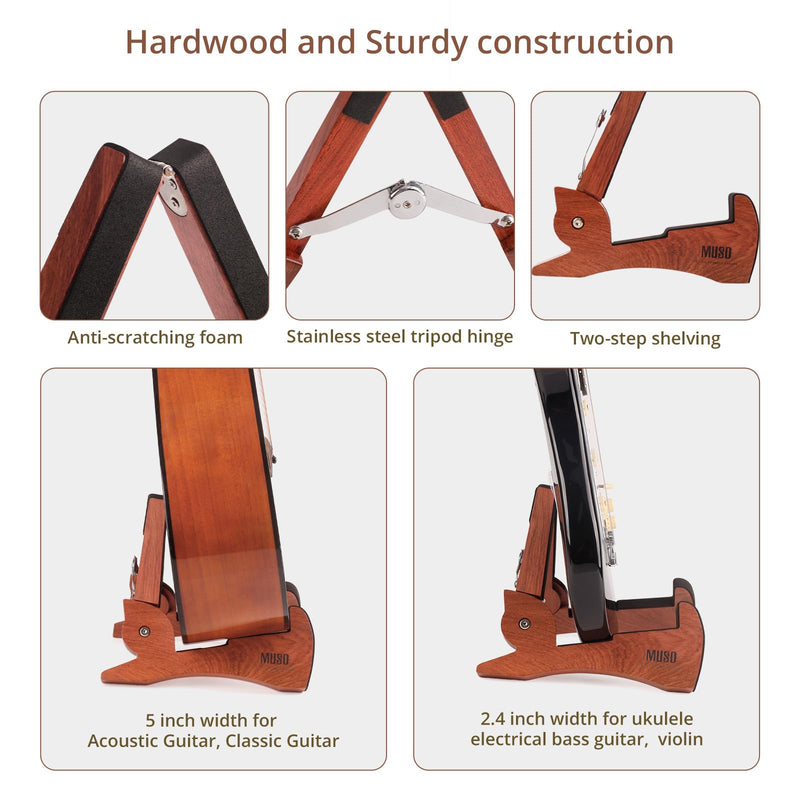 MUSO Guitar Stand Tripod Adjustable Classic Wood Stand Universal for Acoustic and Bass Electric Guitars Folding Floor Travel Stand Small Single Holder Bamboo