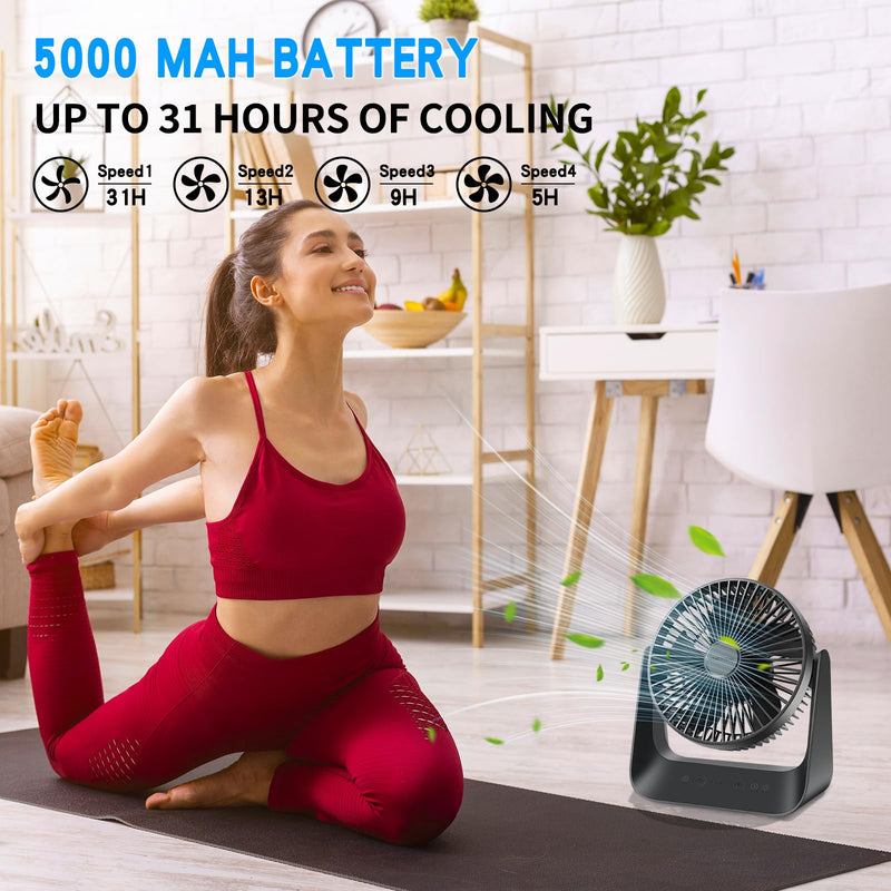 5000mAh Small Desk Fan 6-Inch, Portable Desktop Fan with Intelligent temperature control function,Small Battery Operated USB Fan with Light & Hook for Bedroom, Home, Office, Travel & Cruise M BK