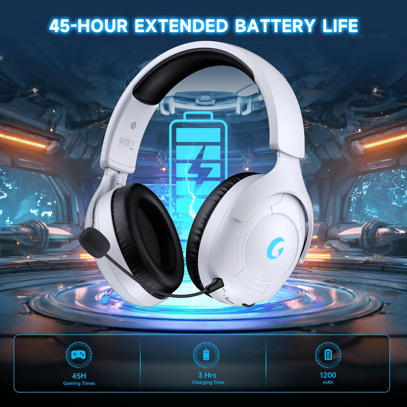 Wireless Gaming Headset for PS5/PS4,PC,Switch,Mac, 2.4GHz Gaming Headset with Mic, 45H Battery, Surround Sound, Noise Cancelling Over Ear Headphones Bluetooth 5.3, for Xbox Needs 3.5mm Cable - White