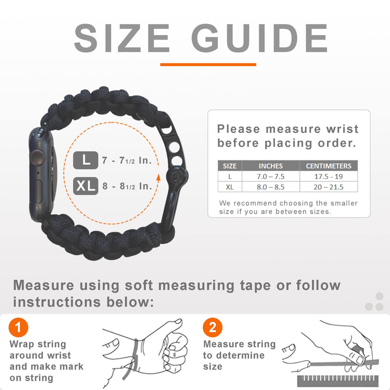 Savior Survival Gear Paracord Watch Band,Compatible with Apple Watch Band 49mm 46mm 45mm 44mm 42mm,iWatch Band Series Ultra 10 9 8 7 6 5 4 3 2 1 SE, Adjustable strap for men ( Black-Gray-Orange,Large) Black- Gray - Orange w/ Black Clasp Large