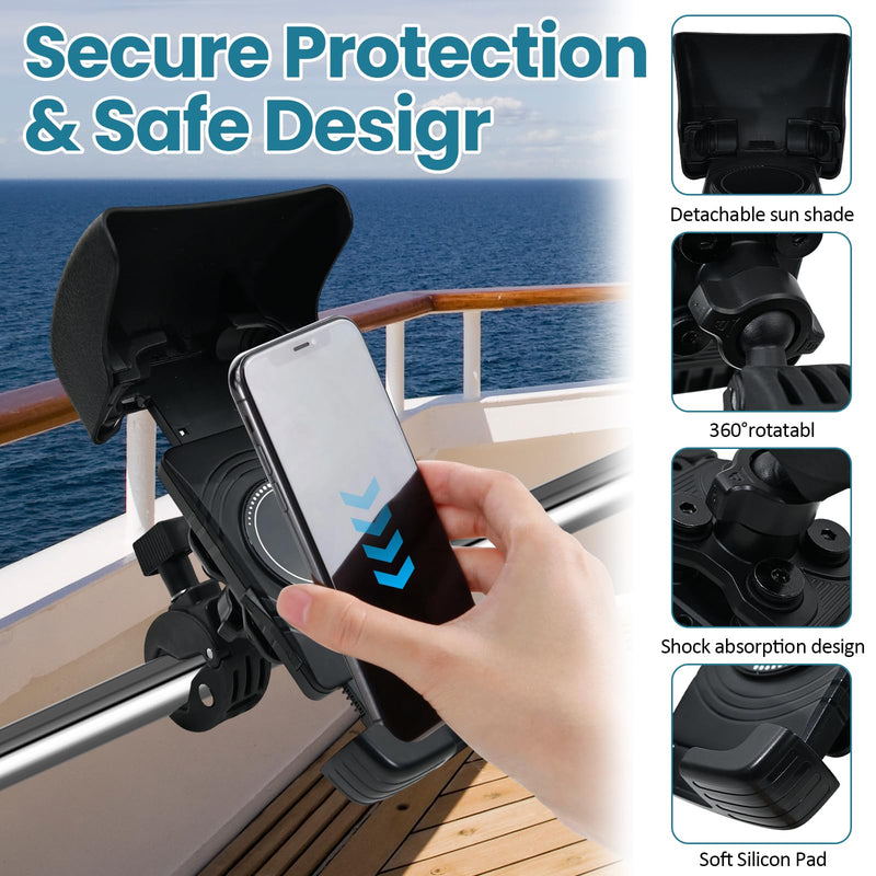 Boat Phone Holder with Sunshade, 360 Degree Rotation Marine Cell Phone Holder,Adjustable Knob Crab Clamp,Boat Accessories for Boat Rail, Jet Ski, Cycling, Fits 4.7-7.2 Inch Phones,（Knob Crab Clamp）