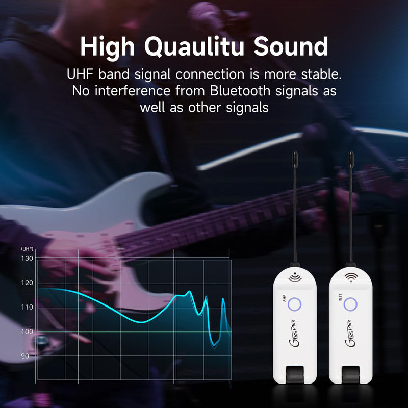 GTRS GWU4 UHF Guitar Wireless System 4 Channels Rechargeable Transmitter and Receiver, Auto Match, Low Latency, 100 Feet Range, Stable Connectionfor Electric Guitars Bass and More (White) White