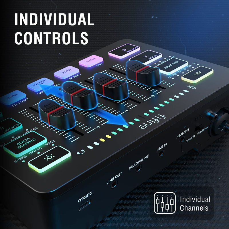 [AUSTRALIA] - FIFINE Gaming Audio Mixer, Streaming RGB PC Mixer with XLR Microphone Interface, Individual Control, Volume Fader, Mute Button, 48V Phantom Power, for Podcast/Recording/Vocal/Game Voice-AmpliGame SC3 Black 