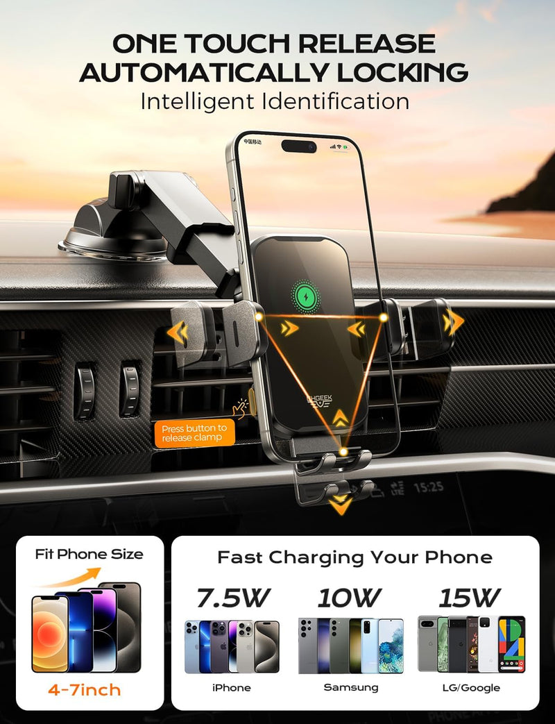 Wireless Car Charger Phone Holder Mount, 15W Fast Charging Auto Clamping Phone Holders for Your Car Dashboard Windshield Air Vent Car Accessories for iPhone, Samsung Galaxy, Google Pixel etc Black