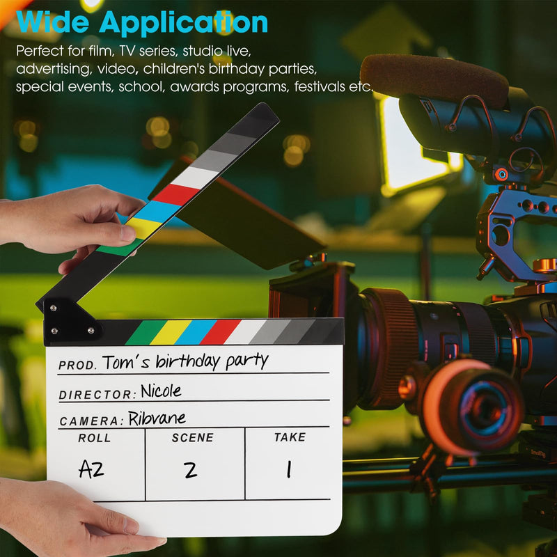 Acrylic Movie Film Directors Clapboard, Photography Video TV Cut Action Scene Slate Clapper Board Props with a Magnetic Blackboard Eraser, Two Custom Pens, Cleaning Cloth and Hex Wrench, White