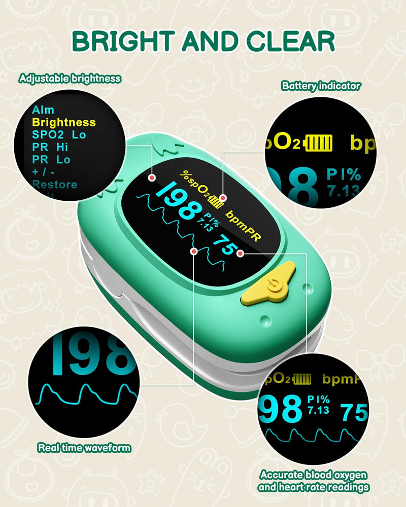 Paediatric Pulse Oximeter, HOLFENRY Oxygen Saturation Meter Finger for Children Pulse Oximeter Finger Oximeter Child-friendly Design Monitoring of SpO2, PI, Heart Rate grass green