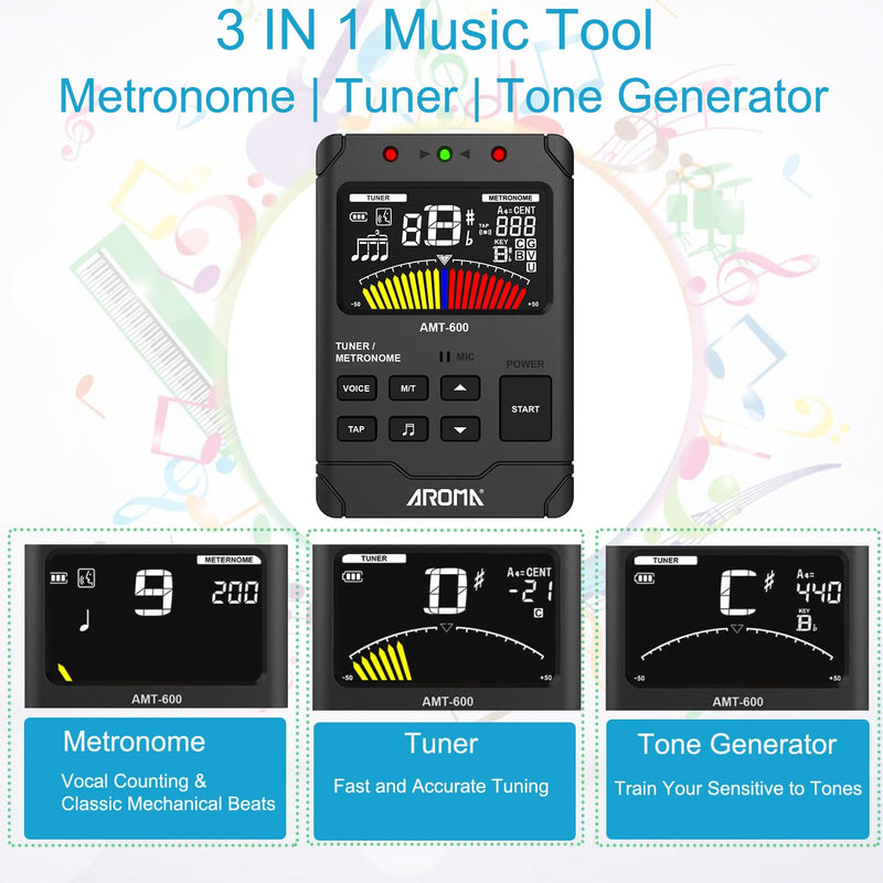 Digital Metronome Tuner Tone Generator, 3 in 1 Rechargeable Voice Counting Tap Musical Instruments Tool w/Clip-on Microphone 3in1 Chargeable