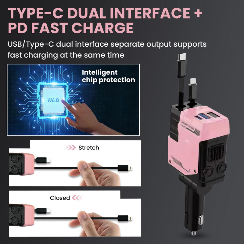 4-in-1 Retractable Car Charger, 120W Fast Charging, USB & Type-C Ports, Pink