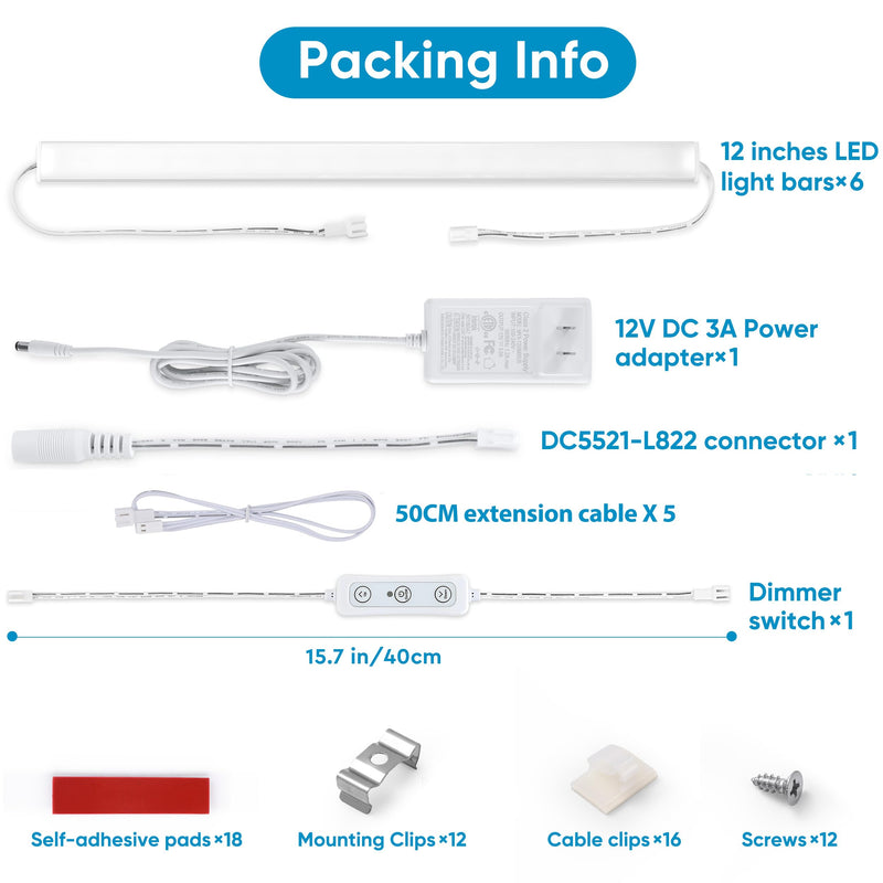 [AUSTRALIA] - Litever Under Cabinet Lights Plug in, 6 pcs 12 Inches LED Light Strip Bars. Super Bright Dimmable Linkable for Kitchen Counter Above Cabinets Shelf Workbench Desk Closet Lighting. Daylight 5000K 6-Light-Kit 