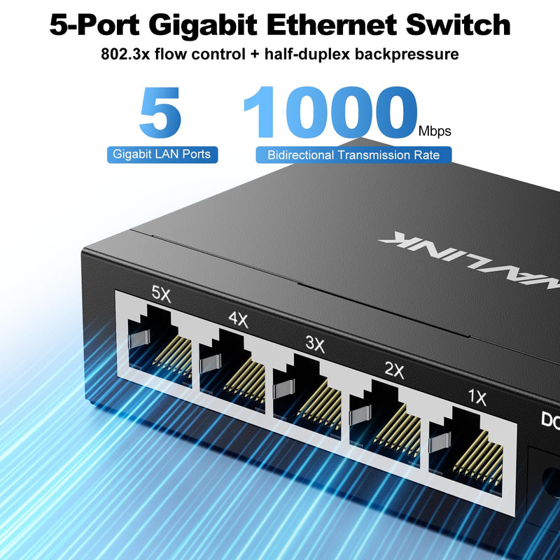 WAVLINK 5-Port Gigabit Ethernet Unmanaged Switch, Home Network Hub, Office Ethernet Splitter, Plug & Play, Desktop/Wall Mount, Silent Operation, Metal Case Non-PoE 5 Port