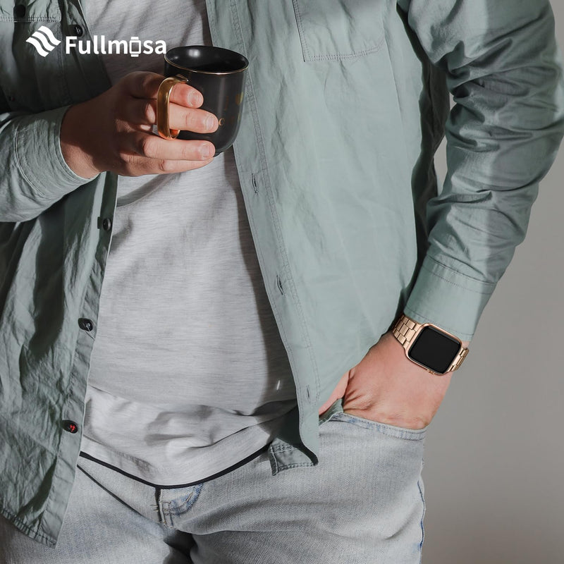 Fullmosa Compatible Stainless Steel No tools needed Apple Watch Band 41mm/40mm/38mm Rose Gold with Case & Compatible Metal iWatch Band with case 41mm/40mm/38mm,Silver with Gold
