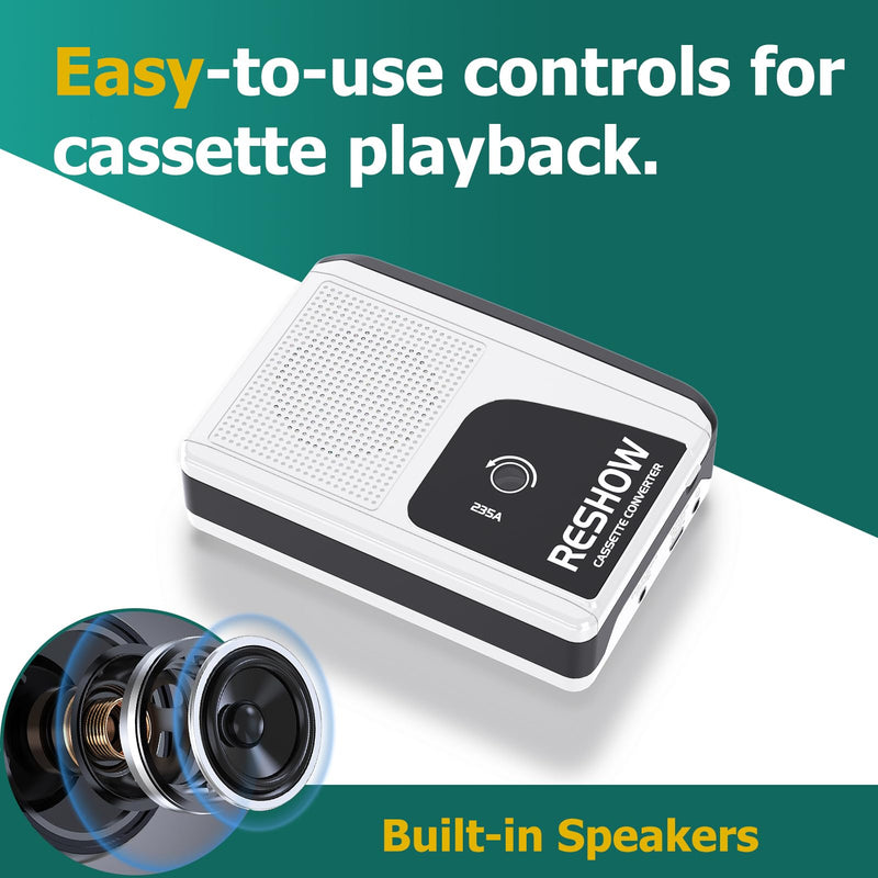 Reshow Portable Cassette Player with Built-in Speaker and Headphone Jack, USB C Cassette to MP3 Converter, Reverse Recording to Tape, Walkman Cassette Recorder, Full Stereo Sound-White White