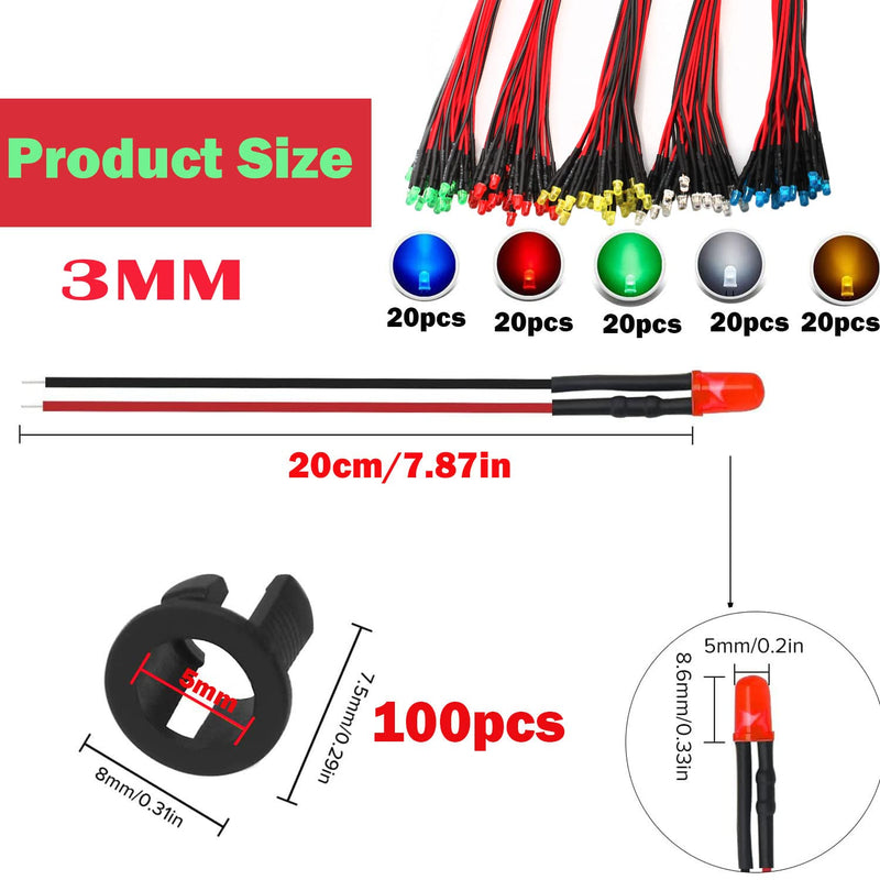 RUNCCI-YUN Pack of 100 3 mm 3 V-9 V-12 V LED Diode, LED with Cable 12 V, Model Railway H0 Lighting RC Model Building LED Diodes Light + 100 Pieces 3 mm LED Mounting Rings Plastic (Red, Yellow, Green,