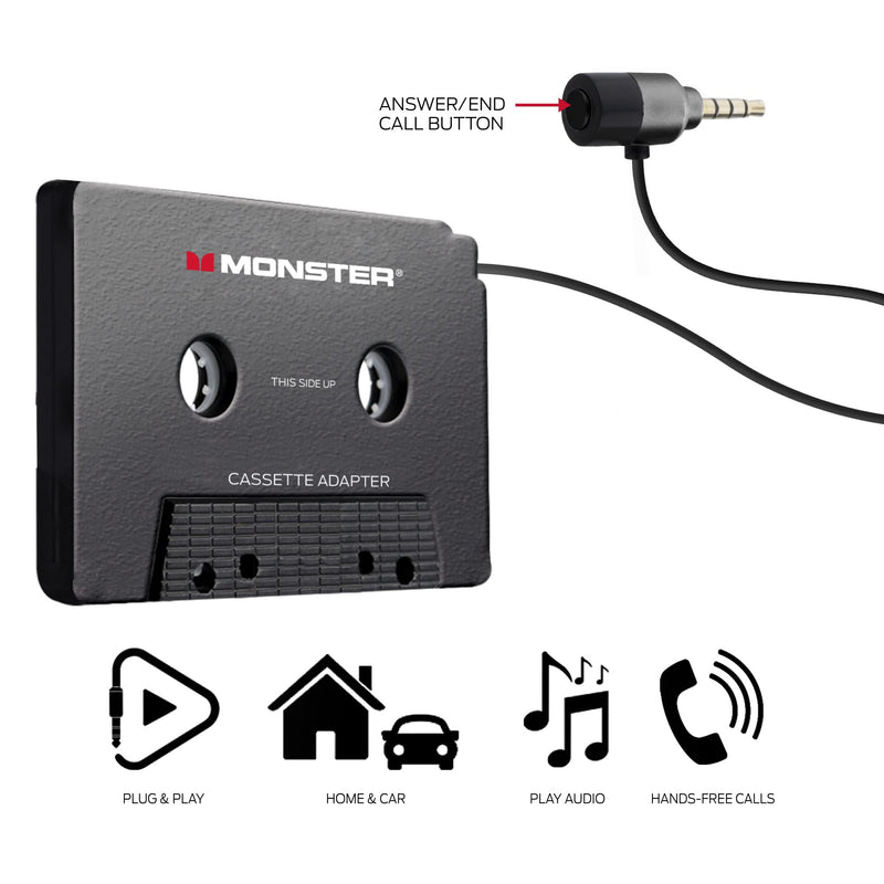Monster Cassette to Aux Audio Adapter for Car, Compatible with Devices Featuring 3.5mm Aux Port, Music Playback, Hands-Free Calls, Xtreme Easy DIY Installation, Plug and Play
