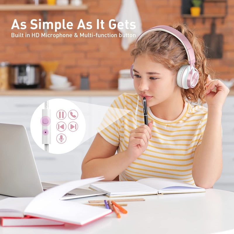 [AUSTRALIA] - AILIHEN MS300 Girl Headphones for Kids School, Wired On-Ear Headsets with Microphone for Chromebook Laptop Computer, Foldable Adjustable Teen Headphones, Tangle-Free, 3.5mm Jack (Rose Gold) Pink 