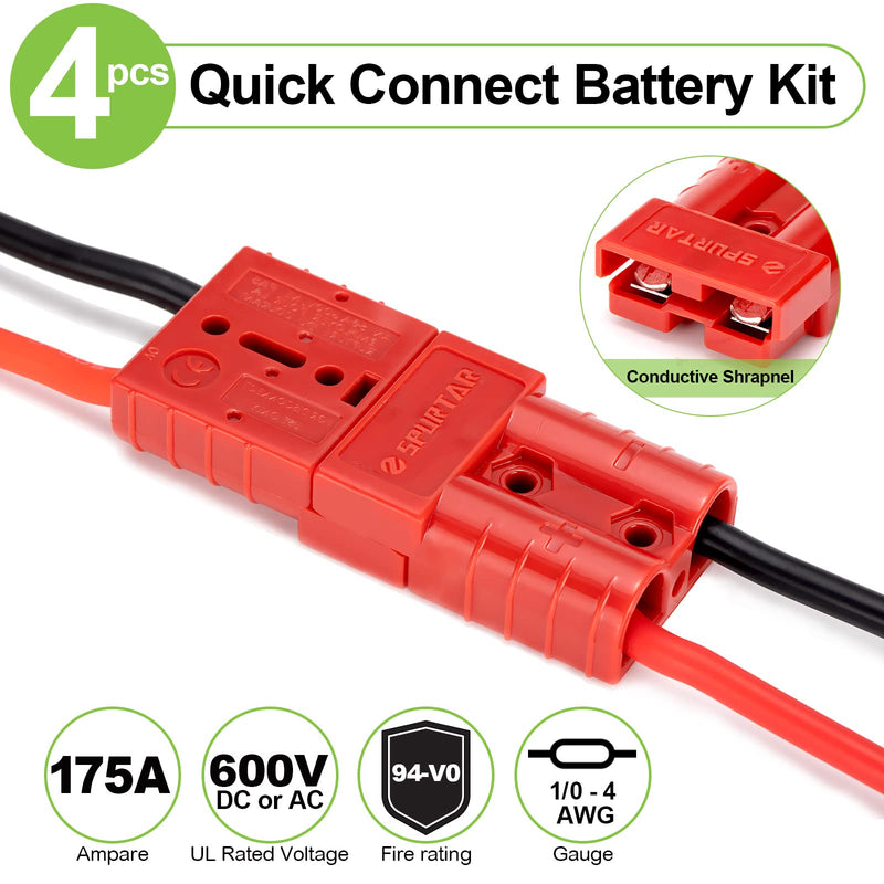Spurtar 175A Battery Quick Connect/Disconnect, 1/0 AWG Wire Harness Plug, 12-36V Quick Connect Jumper Cables for Car ATV Lifts Motors Trailer Towing Winch, 4Pcs, Red 175A(4 Pack)