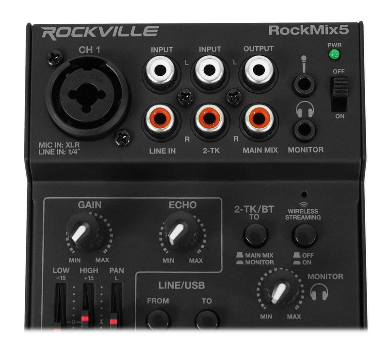 Rockville RockMix 5 Channel Pro Mixer w/USB Interface, Bluetooth, Echo, 2-Band EQ, Compact Design, Portable, for Podcasting and Live Music