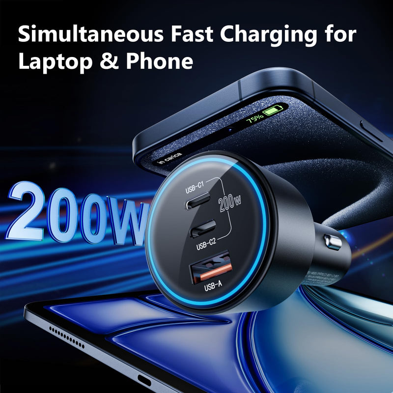 200W Super Fast Car Charger, Adapter with 2×100W USB C to C Cables, | USB C Car Charger PD3.0/QC4.0, 12V-24V Vehicle Compatible, LED Light & Overheat Protection