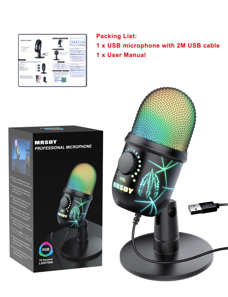 USB Microphone, Plug and Play Gaming Mic for PC, Mac, PS4/5, Podcast Microphone with RGB, Mute, Monitor, Noise Reduction, Volume Gain, Great for Recording, Streaming V5 Mic