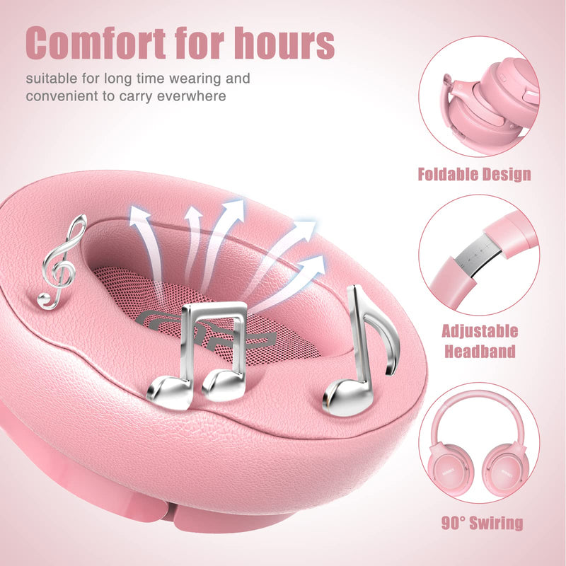 [AUSTRALIA] - Bluetooth Wireless Headphones Over Ear,BERIBES 65H Playtime and 6 EQ Music Modes with Microphone, HiFi Stereo Foldable Lightweight Headset, Deep Bass for Home Office Cellphone PC Etc.(Pink) Pink 