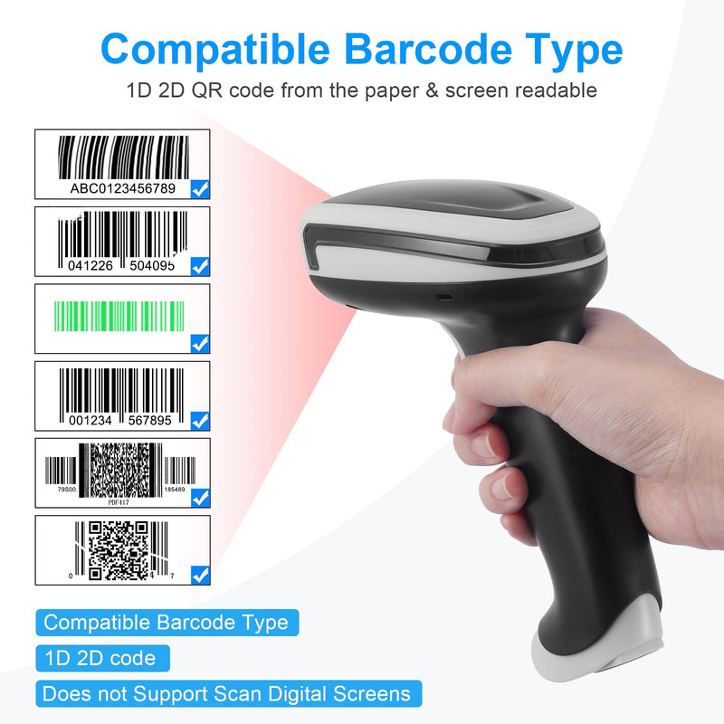 1D 2D Barcode Scanner, Handheld Barcode Reader Bluetooth Wireless QR Code Scanner Bar Code Scanners with Stand 3-1 Bluetooth & 2.4G Wireless & USB Wired Connection &PDF417 Data Matrix Automatic