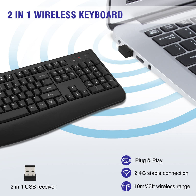 [AUSTRALIA] - Wireless Keyboard, 2.4G Full-Sized Ergonomic Wireless Computer Keyboard with Wrist Rest for Windows, Mac OS Laptop/PC/Desktop/Notebook(Black) Black 